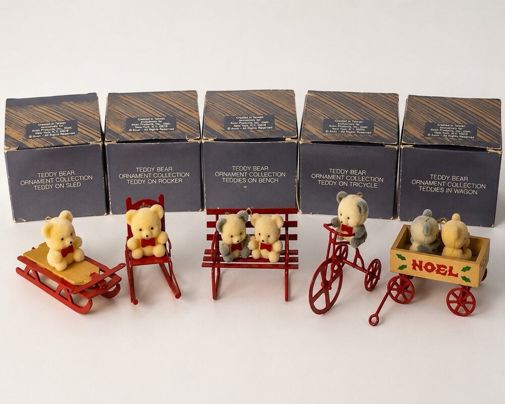 Vintage Avon Teddy Bear Ornament Collection 5 Pc Set w/ Boxes Taiwan Christmas